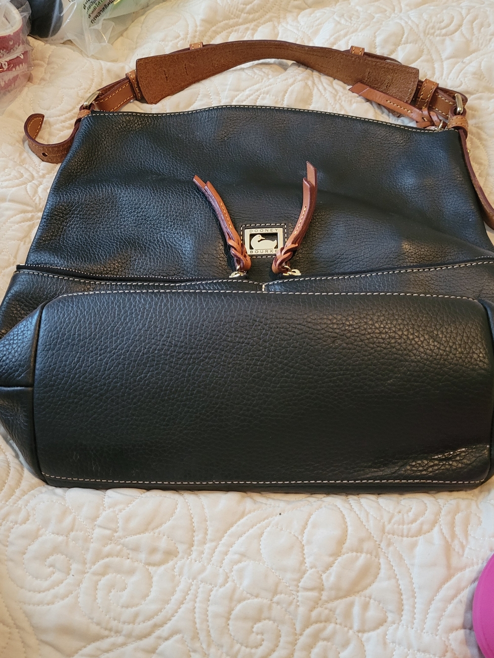 Dooney & Bourke Black Pebbled Leather Shoulder Bag with Brown Trim